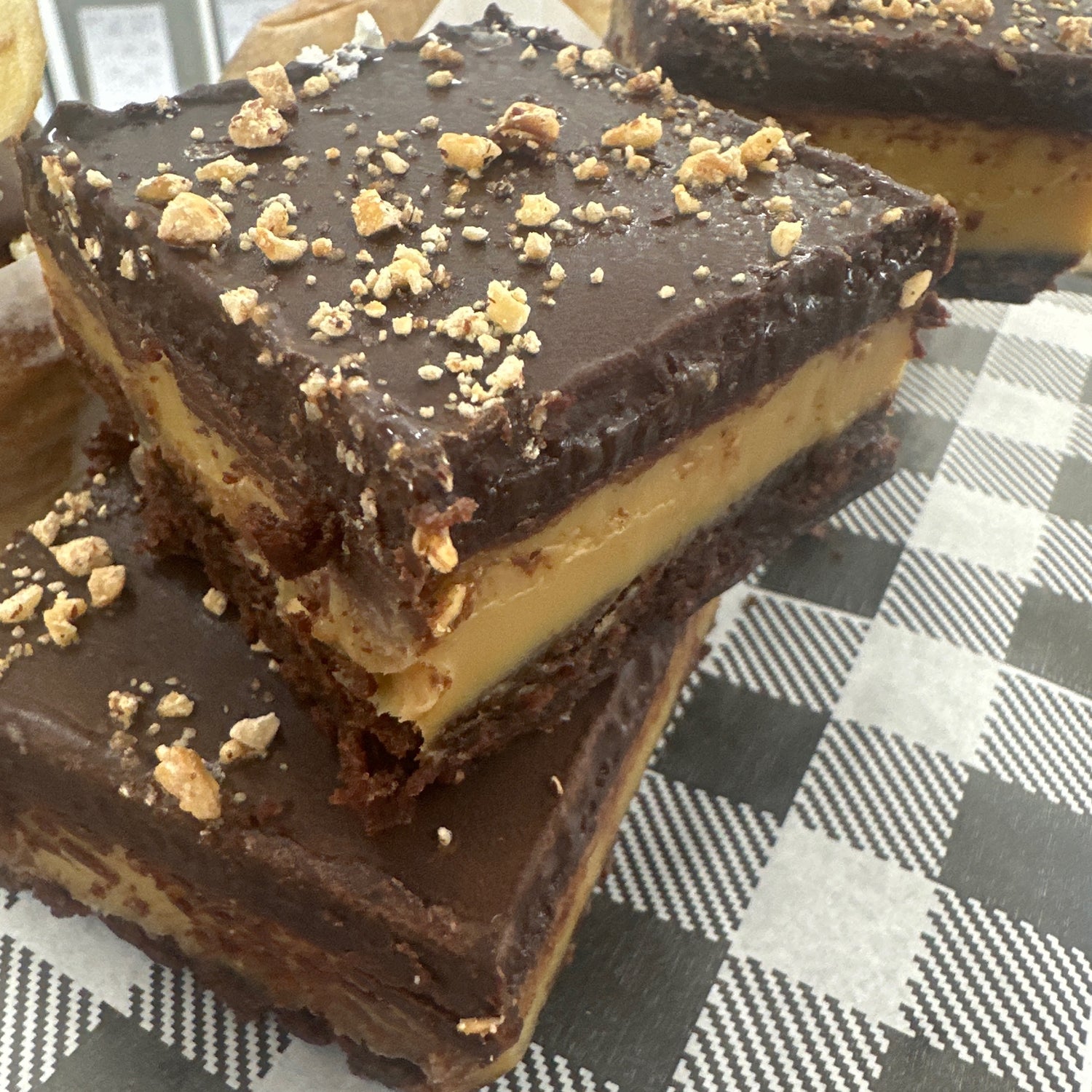 Choc salted caramel hazelnut slice